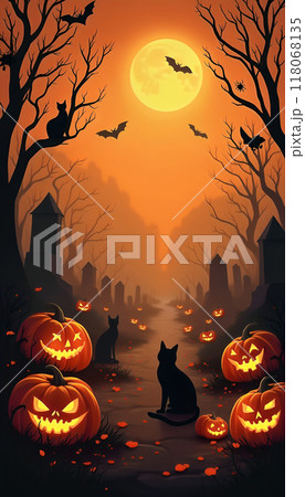 ハロウィンのテーマで、おしゃれなデザインのイラスト素材を生成。背景は薄いオレンジと黒のグラデーション ハロウィンのテーマで、おしゃれなデザインのイラスト素材を生成。背景は薄いオレンジと黒のグラデーション 118068135