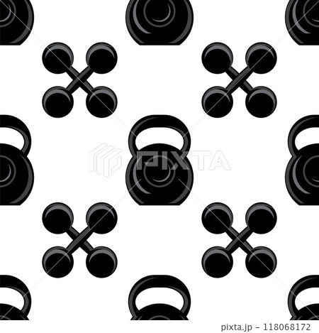Vector Illustration with silhouettes of weights on a white background. Seamless pattern. Fitness collection Vector Illustration with silhouettes of weights on a white background. Seamless pattern. Fitness collection 118068172