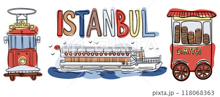 Illustration of Istanbul tram, ferry, and simit cart. Great for travel blogs highlighting Turkish street food, iconic landmarks, and local transportation 118068363