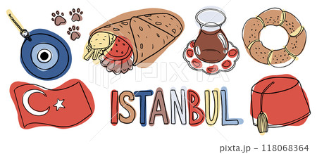 Iconic Istanbul symbols including Turkish coffee, shawarma, simit, and evil eye charm. Ideal for articles on Turkish culture, travel, and street food 118068364