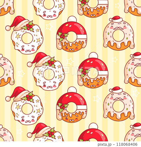 Seamless pattern with Christmas donuts in Santa hat with holly and dripping icing on yellow striped background. Funny holiday cartoon kawaii character food. Vector illustration. Seamless pattern with Christmas donuts in Santa hat with holly and dripping icing on yellow striped background. Funny holiday cartoon kawaii character food. Vector illustration. 118068406