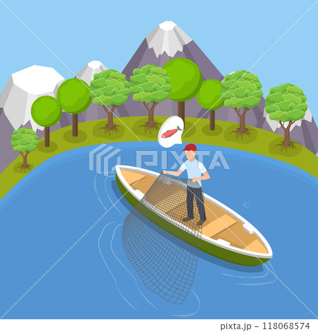 3D Isometric Flat Vector Illustration of Net Fishing, Fisherman Pulls Net Out of Water 3D Isometric Flat Vector Illustration of Net Fishing, Fisherman Pulls Net Out of Water 118068574
