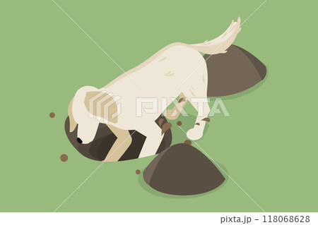 3D Isometric Flat Vector Illustration of Dog Digging a Hole in Soil, Wagging Tail Embodying Joy 118068628