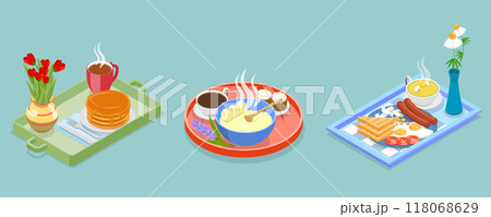 3D Isometric Flat Vector Illustration of Delightful Breakfast, Cozy Morning Ritual 3D Isometric Flat Vector Illustration of Delightful Breakfast, Cozy Morning Ritual 118068629