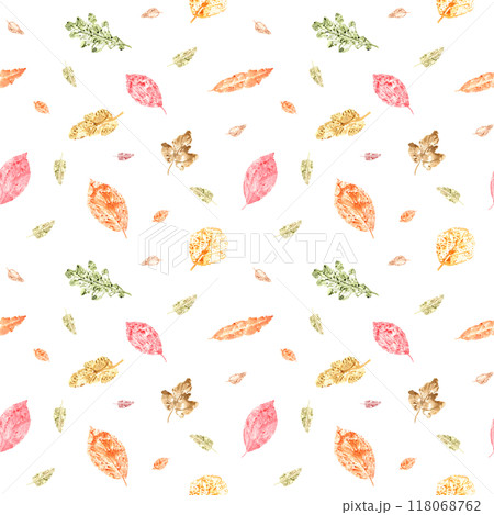 Flying forest fall dried leaves imprints watercolor seamless pattern. Autumnal illustration in pink, orange, green, brown colors. Leafage composition for room decoration, textile, wrapping, scrapbook. Flying forest fall dried leaves imprints watercolor seamless pattern. Autumnal illustration in pink, orange, green, brown colors. Leafage composition for room decoration, textile, wrapping, scrapbook. 118068762