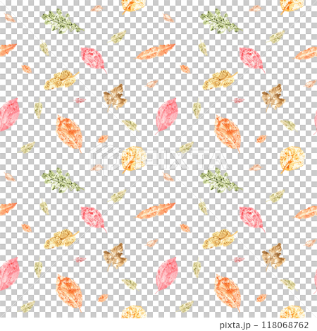 Flying forest fall dried leaves imprints watercolor seamless pattern. Autumnal illustration in pink, orange, green, brown colors. Leafage composition for room decoration, textile, wrapping, scrapbook. 118068762