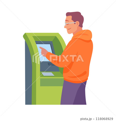 Man Character at Bank Terminal Cash Withdrawing Vector Illustration 118068929