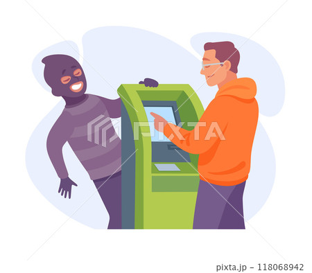Man Criminal at Bank Terminal Commit Crime and Theft Vector Illustration 118068942