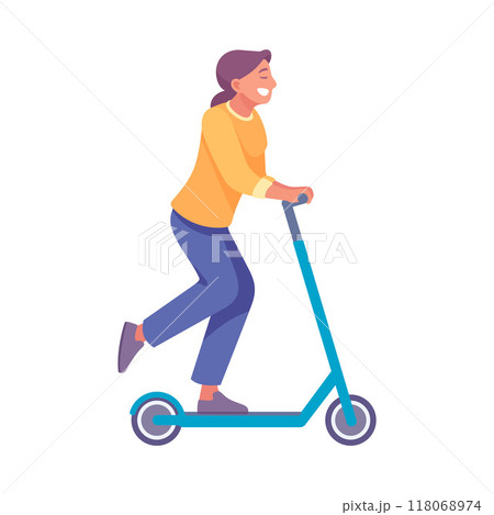 Woman Character Riding Scooter Enjoy Outdoor Recreation Vector Illustration 118068974