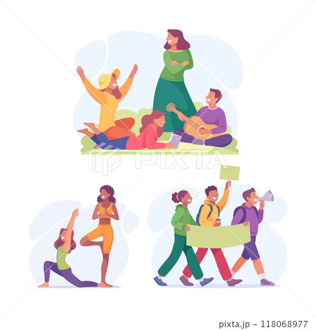 Good Company with Man and Woman Friend Do Different Activity Together Vector Illustration Set 118068977