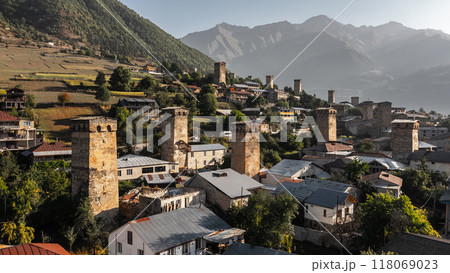 Aerial view of Svan towers in Mestia 118069023