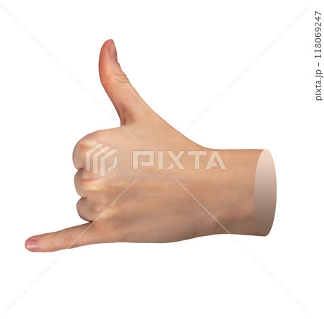Thumb and pinky finger gesture, hand surf, surfer sign. Kids shaka isolated symbol on white 118069247