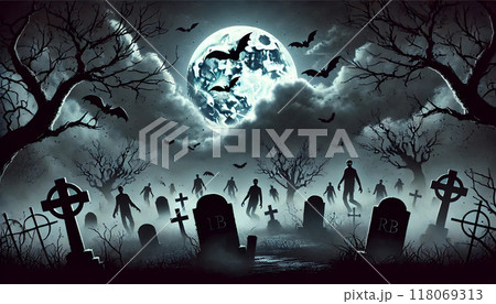 満月の夜に蘇るゾンビ - ホラー墓地イラスト 118069313