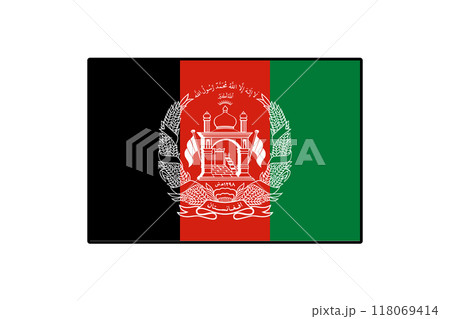 This artwork showcases the national flag of Afghanistan, featuring its distinctive colors of black, red, and green, along with a central emblem symbolizing the country's heritage and identity. 118069414