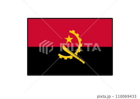The flag of Angola features bold red and black horizontal stripes with a yellow emblem. The emblem includes a machete, gear, and star, symbolizing the country's heritage and struggle. The flag of Angola features bold red and black horizontal stripes with a yellow emblem. The emblem includes a machete, gear, and star, symbolizing the country's heritage and struggle. 118069433