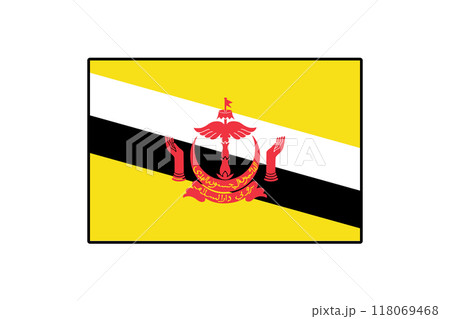 The flag of Brunei features a bold yellow background with black and white diagonal stripes. The national emblem is prominently displayed, showcasing the country's unique cultural identity. The flag of Brunei features a bold yellow background with black and white diagonal stripes. The national emblem is prominently displayed, showcasing the country's unique cultural identity. 118069468