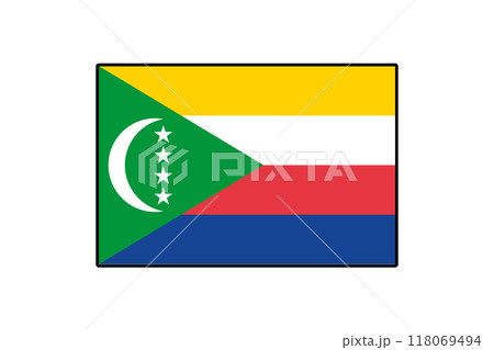 The national flag of Comoros features vibrant colors and distinct patterns, symbolizing the country's heritage and identity. It showcases a crescent and stars on a colorful background. 118069494