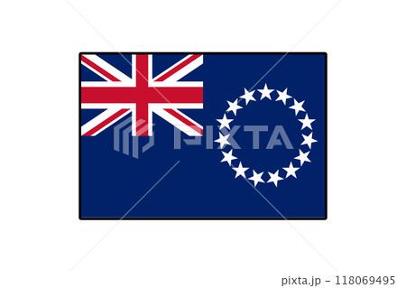 The flag of the Cook Islands features a blue field, a union jack, and a circle of fifteen stars, symbolizing the islands. It represents the nation's identity and heritage. 118069495