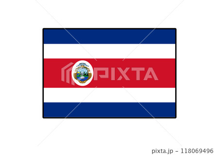 The Costa Rica flag features horizontal blue and red stripes with a white band, showcasing the national coat of arms in the center, representing the country's cultural identity and heritage. 118069496