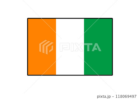 This graphic displays the national flag of Cote d'Ivoire, featuring three vertical stripes in orange, white, and green, showcasing the symbol of national identity and pride. 118069497