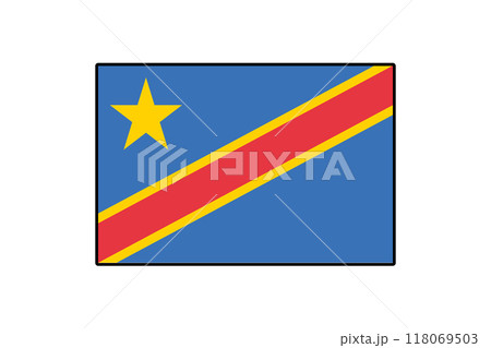 The vector flag features a blue field with a red diagonal stripe bordered in yellow, topped with a five-pointed star. This design symbolizes the Democratic Republic of the Congo's heritage. 118069503