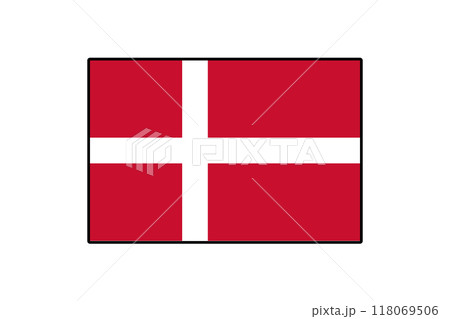 The national flag of Denmark features a red field with a white Scandinavian cross that extends to the edges. It symbolizes Danish heritage and is widely recognized across the globe. 118069506