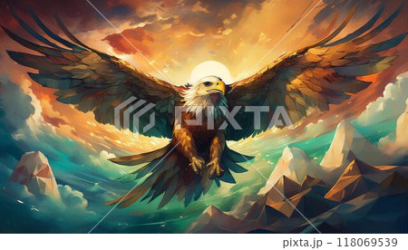 水彩画のタッチで抽象的な山を背景に壮大な空を飛ぶ雄大なワシの
