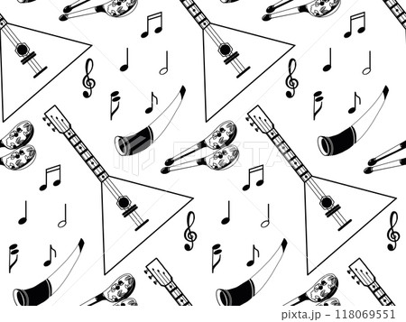 Seamless vector pattern. Russian folk musical instruments, wooden spoons, balalaika, horn, all objects are hand drawn in vector in black color. Suitable for printing on fabric, paper. Seamless vector pattern. Russian folk musical instruments, wooden spoons, balalaika, horn, all objects are hand drawn in vector in black color. Suitable for printing on fabric, paper. 118069551