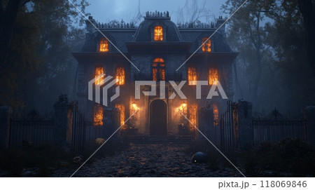A Spooky Haunted Mansion in a Foggy Forest at Night A Spooky Haunted Mansion in a Foggy Forest at Night 118069846