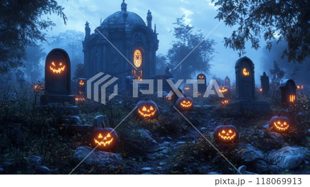 Spooky Halloween Graveyard with Jack-O'-Lanterns and a Gothic Chapel 118069913