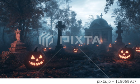 A Foggy Graveyard Path Lit by Jack-o'-Lanterns 118069917