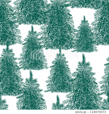 Fir trees in the forest seamless background. hand drawing. Not AI, Vector illustrations. 118070072
