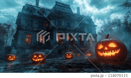 Haunted Mansion with Illuminated Jack-o'-Lanterns on a Foggy Halloween Night 118070115