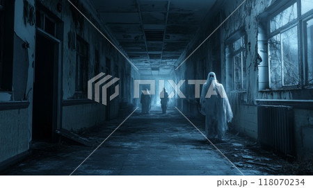 Three Ghosts Haunt a Desolate, Crumbling Hallway 118070234