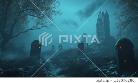 A Foggy Graveyard Path Leading to a Stone Chapel with Glowing Lanterns 118070290