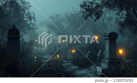 A Foggy, Lantern-Lit Graveyard Path in the Darkness 118070291