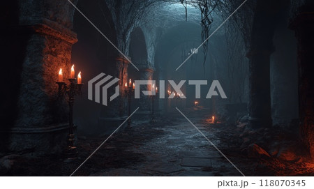 A Foggy, Candlelit Stone Corridor in a Ruined Structure 118070345