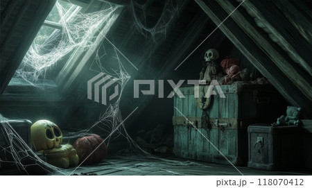 Spooky Attic with Cobwebs, Toys, and a Chest 118070412