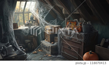 Dusty Attic with Cobwebs and Halloween Decor Dusty Attic with Cobwebs and Halloween Decor 118070413