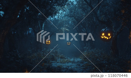 Three Jack-o'-Lanterns Hanging in a Dark, Foggy Forest 118070446