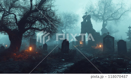 Eerie Foggy Cemetery with Ruined Church and Tombstones 118070487