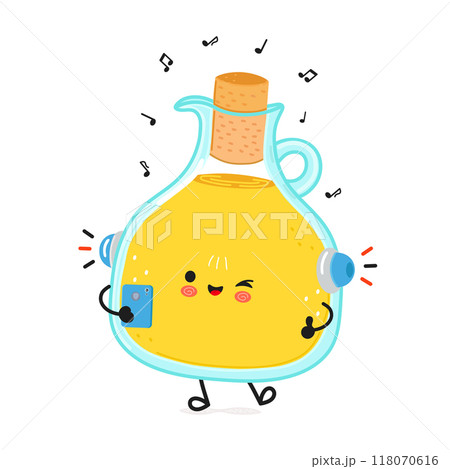 Olive oil listens to music on headphones with a smartphone. Vector hand drawn cartoon kawaii character illustration icon. Isolated on white background. Olive oil character concept 118070616