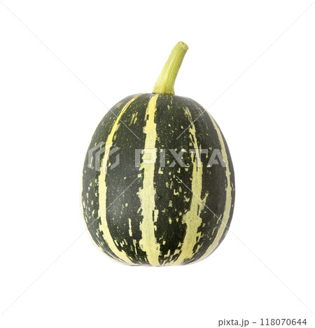 Striped Green pumpkins isolated on white background for Thanksgiving or Halloween. Stack of vegetables set. Halloween, design, autumn. Nature concept 118070644