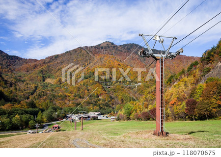 《スキー場の秋》平湯温泉スキー場周囲の鮮やかな紅葉 118070675