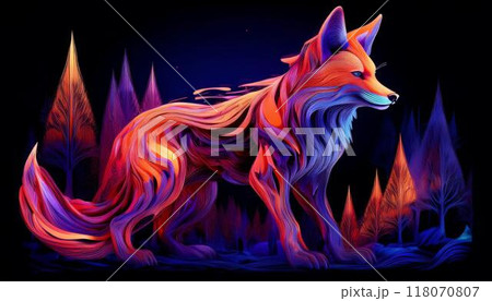 森を背景に炎をモチーフにしたタッチの毛を持つ抽象的なキツネ、自然や動物のテーマに最適 118070807