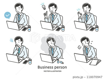 パソコンで仕事をする男性の社員のイラストセット 118070947