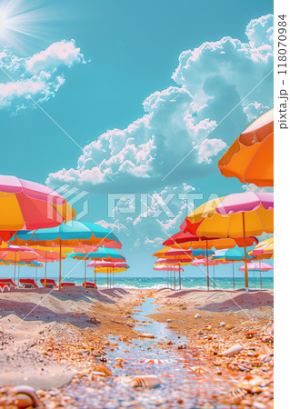 Multi-colored colored beach umbrellas dotting the sandy coastline under a blue sky 118070984