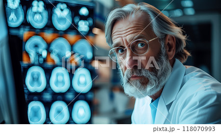 An elderly neuroscientist examines detailed brain scans displayed on a digital screen in a modern neuroscience laboratory An elderly neuroscientist examines detailed brain scans displayed on a digital screen in a modern neuroscience laboratory 118070993