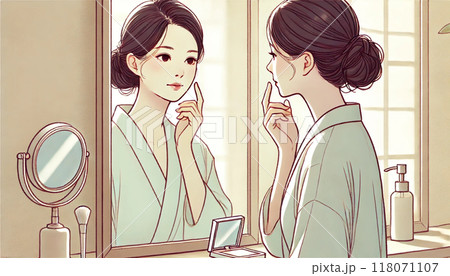 鏡を見ながら肌トラブルを気にする女性 118071107