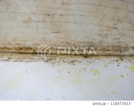 Mold in the bathroom. Black dots of mold and yellow plaque. Black mold Dirt on tiles. Requires cleaning Mold in the bathroom. Black dots of mold and yellow plaque. Black mold Dirt on tiles. Requires cleaning 118071613